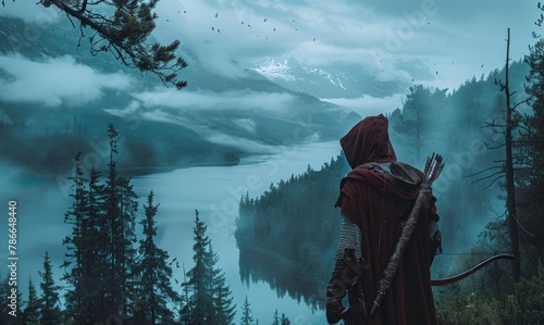 Medieval archer in a foggy forest, fantasy and fiction concept. photo