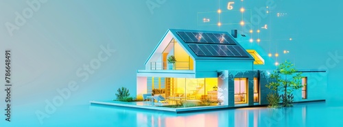 3d image of house made from solar panels and cells against illustration of virtual data. AI generated illustration