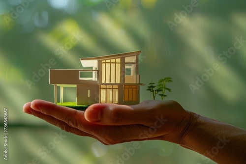 Hand holding a miniature house model, property and investment concept.