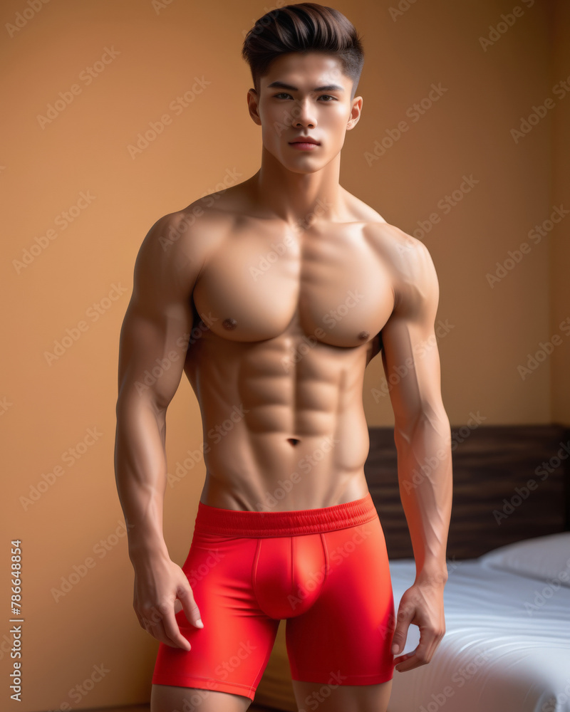 Fit Asian male model posing in red underwear in a well-lit bedroom setting, ideal for fitness, fashion, and Valentine's Day themes