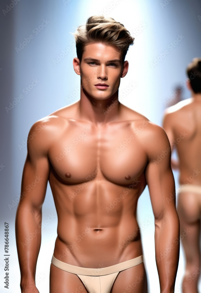 Fototapeta premium Confident young male model walking on the runway at a fashion show, projecting summer trends and swimwear, with a focus on fitness and healthy lifestyle