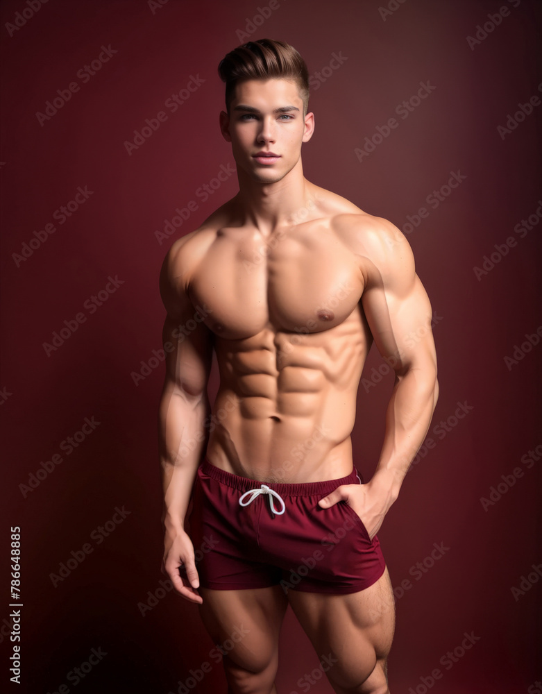 Fit muscular man posing confidently in maroon athletic shorts against a burgundy backdrop, ideal for fitness motivation and health-related content