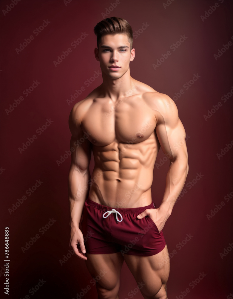 Fit muscular man posing confidently in maroon athletic shorts against a burgundy backdrop, ideal for fitness motivation and health-related content Fit muscular man posing confidently in maroon athletic shorts against a burgundy backdrop, ideal for fitness motivation and health-related content