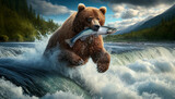 Majestic brown bear catching a fish in a rushing river with lush forest and mountains in the background, depicting wildlife and nature conservation concepts