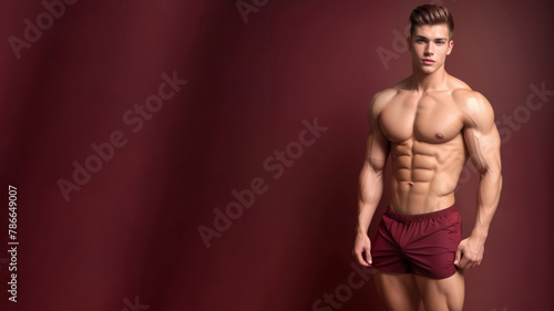 Fit Caucasian male model displaying ripped physique in burgundy shorts against a maroon backdrop, ideal for fitness and healthy lifestyle concepts