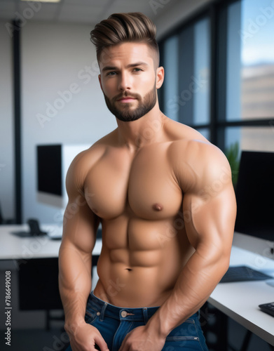 Confident shirtless Caucasian male with a muscular build posing in a modern office setting, embodying concepts of fitness and professionalism © fotogurmespb