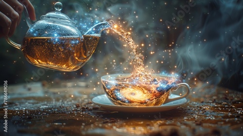 Magical moment captured as a teapot pours a galaxy of stars into a teacup