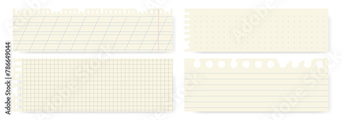 Various torn paper sheets from a notepad. Set of torn realistic pages. A collection of sheets with lines, cells, dots.