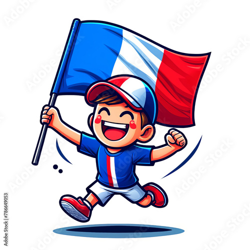 Joyful cartoon child waving a French flag, symbolizing national pride, suitable for Bastille Day or national sporting events in France photo