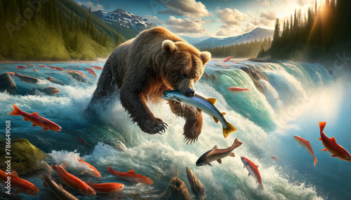 Majestic brown bear catching salmon in a vibrant, rushing river in a mountainous landscape, depicting wildlife and nature conservation concepts photo