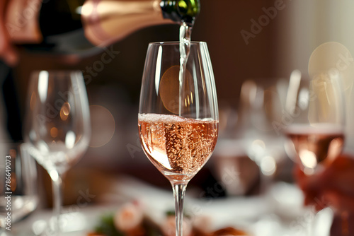 Pouring ros? wine into a glass, fine dining setting. Ros? wine service at luxury restaurant, with a focus on the glass. Dinner in a restaurant with rose wine, elegant dining setting
