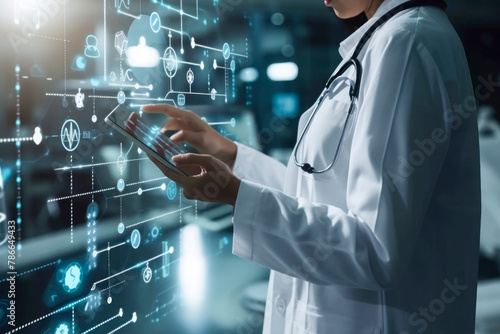 Generative AI illustration of anonymous medicine doctor with stethoscope touching medical icon network connection and modern interface on digital tablet on hospital background