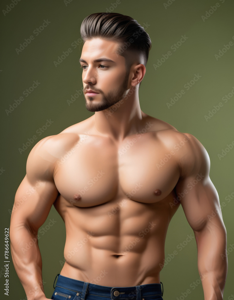 Fototapeta premium Confident muscular man with styled hair, posing shirtless in a fitness and health-themed photo, suitable for advertising and sports-related concepts
