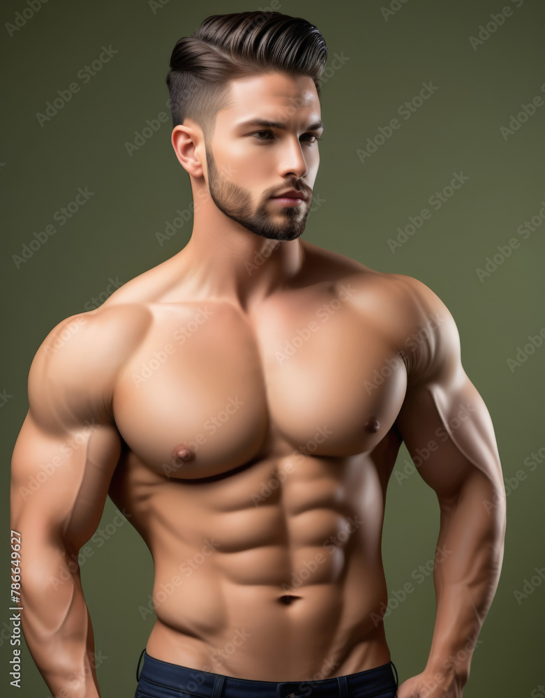 Muscular man with a well-groomed beard posing confidently, embodying fitness and health concepts, related to gym advertisements and Men's Health Month campaigns Muscular man with a well-groomed beard posing confidently, embodying fitness and health concepts, related to gym advertisements and Men's Health Month campaigns