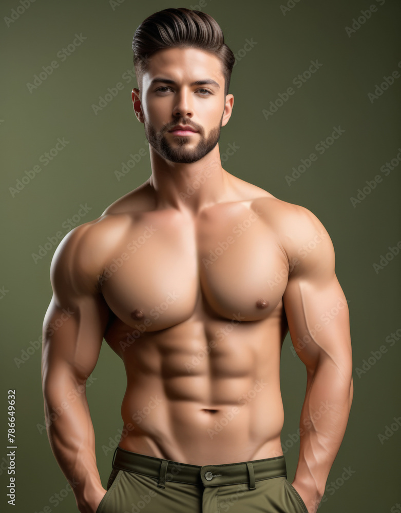 Handsome, muscular young man posing confidently on a green background, ideal for fitness, health, and masculinity-related content Handsome, muscular young man posing confidently on a green background, ideal for fitness, health, and masculinity-related content