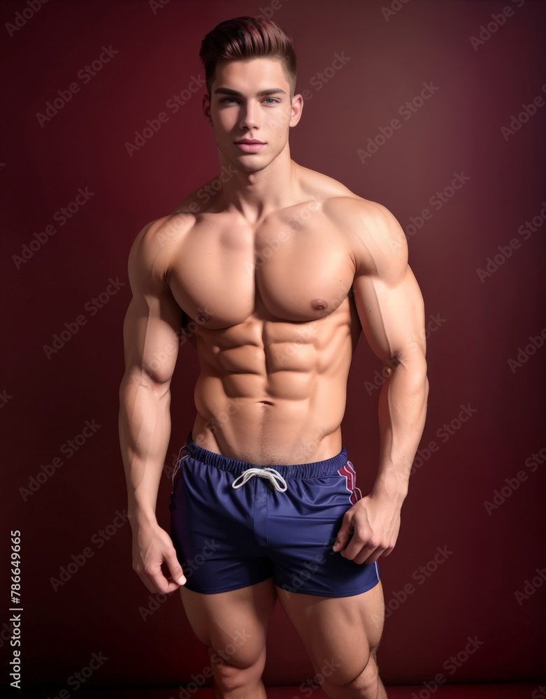 Muscular caucasian male model posing in navy blue athletic shorts against a maroon backdrop, ideal for fitness and health-related content