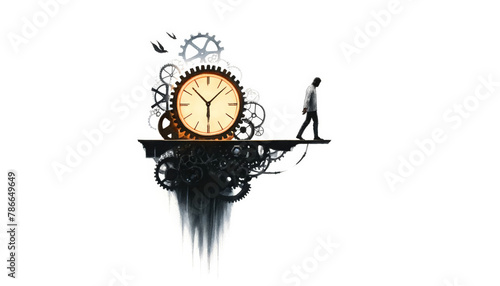 Silhouetted person balancing on a clock hand amidst gears and cogs, conceptually related to time management and deadlines for business and New Year resolutions