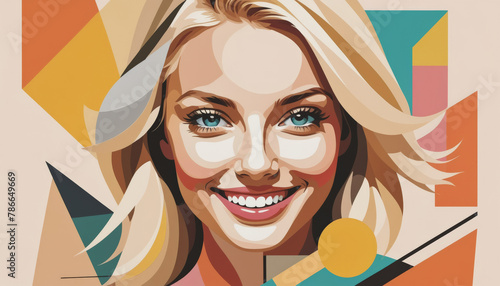 Stylized pop art portrait of a smiling young Caucasian woman with blonde hair, ideal for beauty and fashion content, International Women's Day