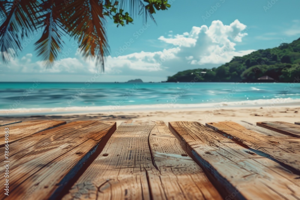 Landscape with wooden board, beautiful beach in the background.