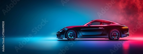 Side view fast speed sport car silhouette on neon glowing modern style. AI generated image