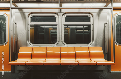 Empty orange seats in a modern subway train interior Generative AI image