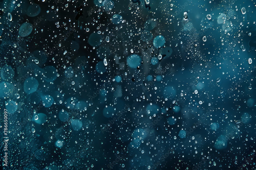 Water drops on glass, abstract background. Dark blue and turquoise color. Water droplets texture.