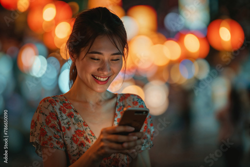 Smiling Young Woman Using Smartphone at Night. Generative AI.