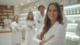 Confident Female Pharmacist with Colleagues in Pharmacy. Generative AI image