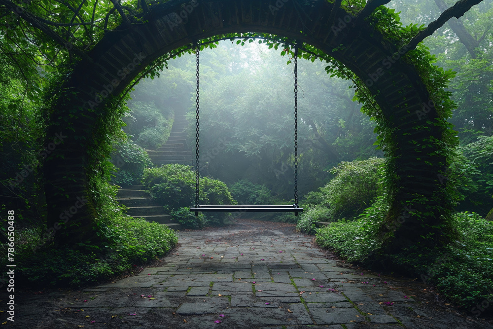 Obraz premium Misty garden gateway with a solitary swing. Generative AI image