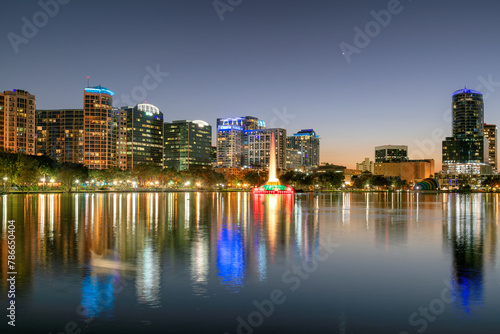 Orlando city skyline at night in Lake Eola  Orlando  Florida  USA