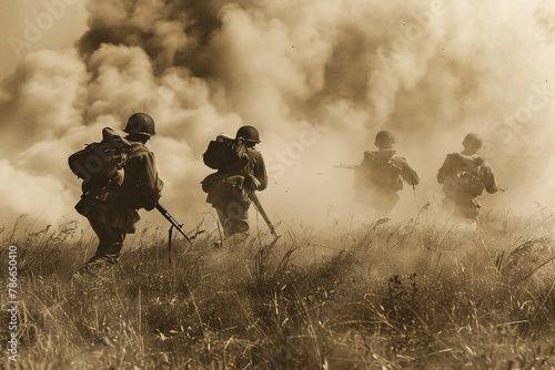 World War II, soldiers charging on the battlefield, sepia tones, vintage style, smoke filled background, war atmosphere, combat actions, determination and passion