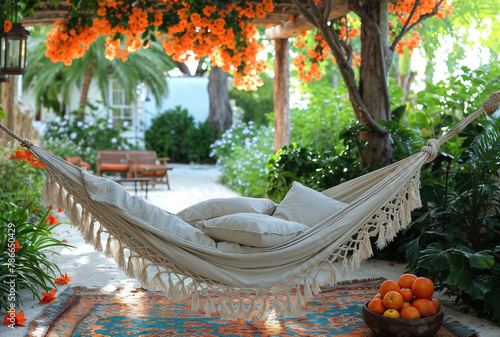 Tranquil garden hammock amidst blooming flowers. Generative AI image © ADDICTIVE STOCK CORE