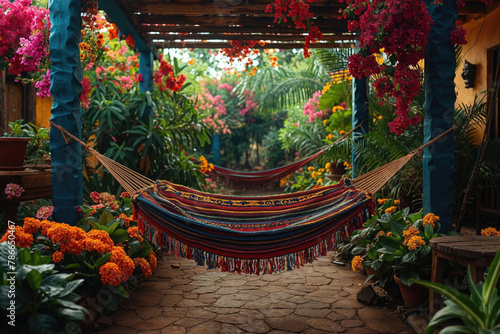 Tranquil garden hammock surrounded by lush flowers. Generative AI image photo