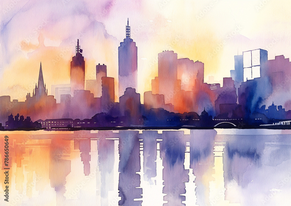 Melbourne Australia watercolor skyline illustration. Loose painting expressive abstract style, trees and buildings, water, golden glowing sunlight, natural color