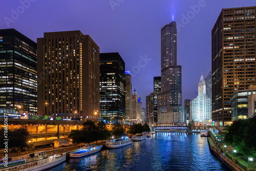Chicago City skyline at night, Chicago, Illinois, USA.