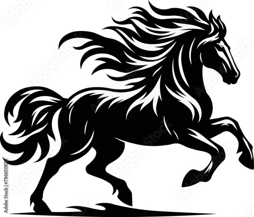 Wild black horse galloping with hair flying.