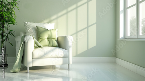 Beautiful cozy interior design of bright living room with white armchair.