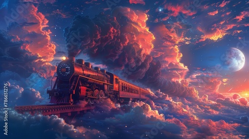 Vintage train journey under a spectacular moonlit sky, dramatic clouds and stars photo