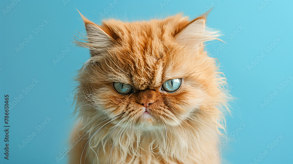 A cute Persian cat with an angry expression looking at the camera on a blue studio background. Funny animals concept.