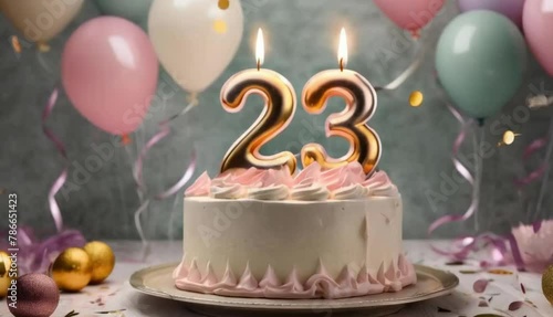 23th year birthday cake on isolated colorful pastel background
 photo