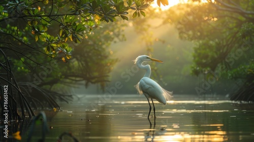 Serene river delta at sunrise with lush mangrove forests and golden rays of light