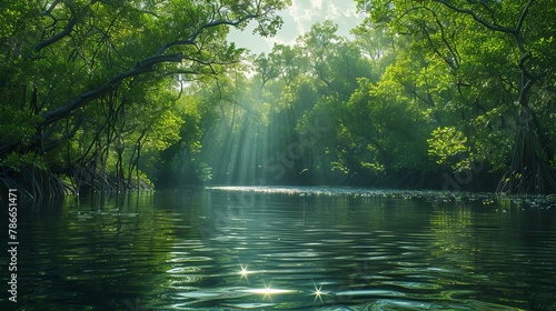 Serene river delta at sunrise with lush mangrove forests and golden rays of light