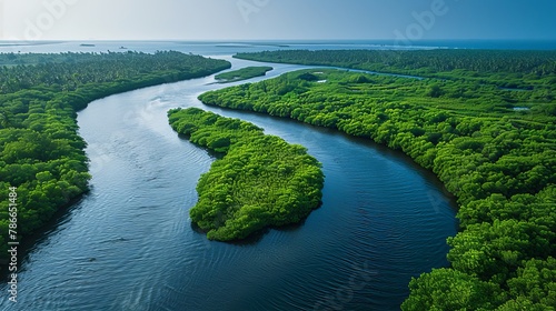 Serene mangrove forest river under a sunlit canopy  a peaceful nature escape
