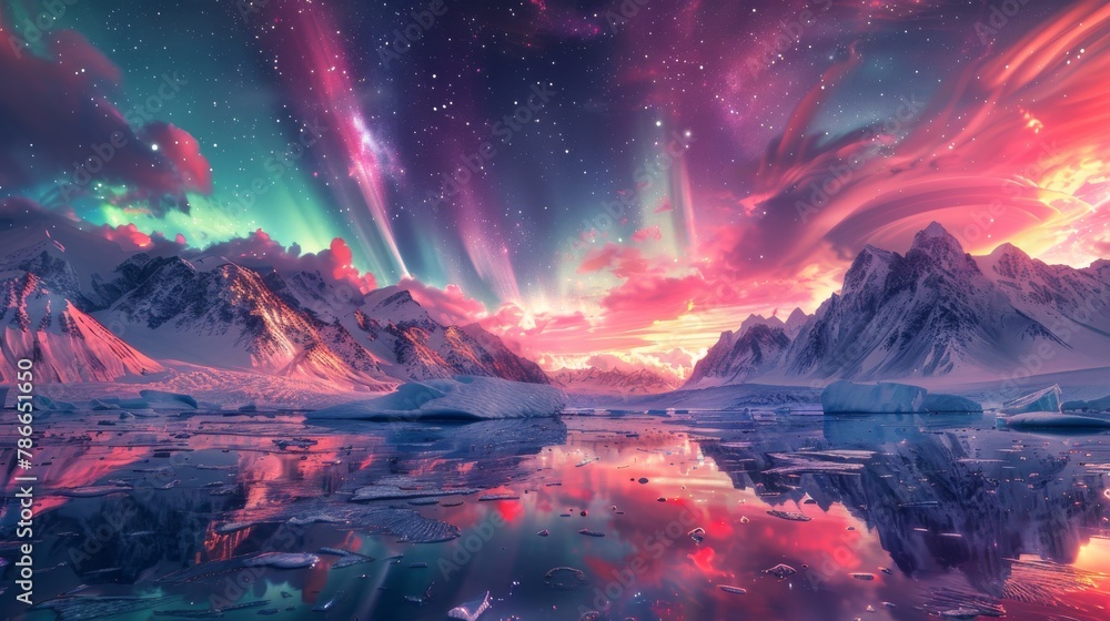 Spectacular aurora display over a serene glacial landscape at twilight