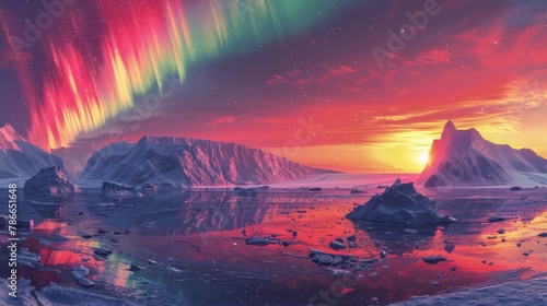 Spectacular aurora display over a serene glacial landscape at twilight