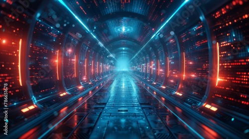 Advanced technology hub: A vibrant, illuminated data center corridor reflecting futuristic connectivity © Yusif