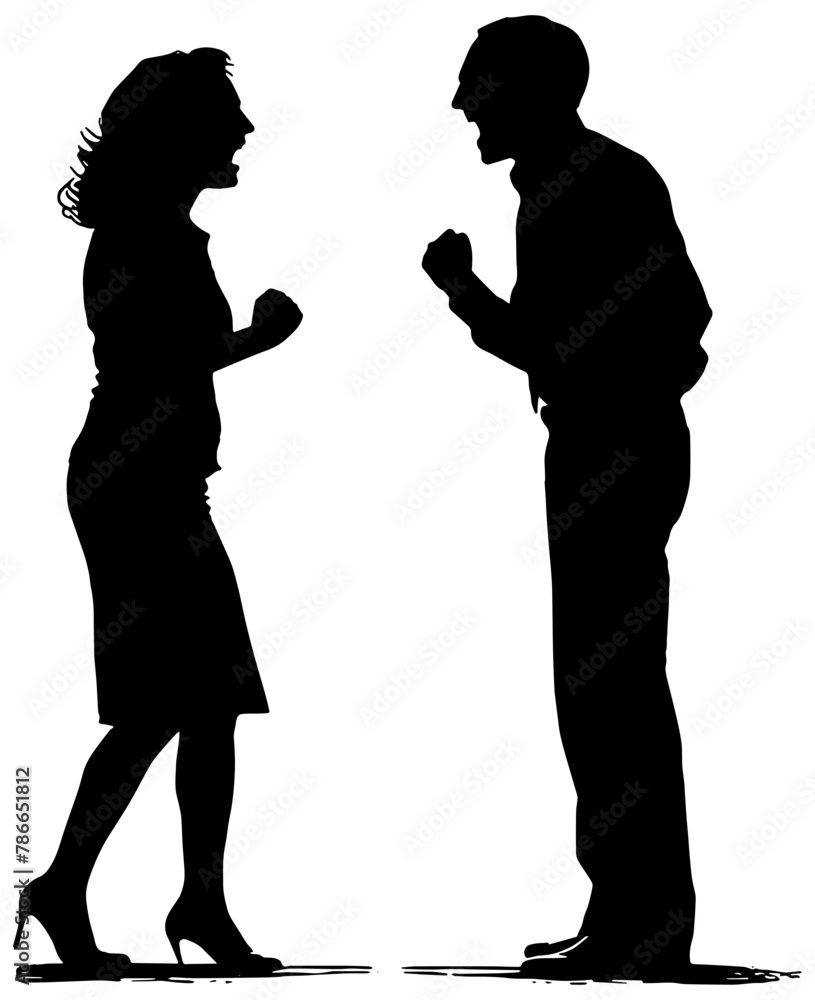 Silhouette of a man and woman shouting at each other in anger