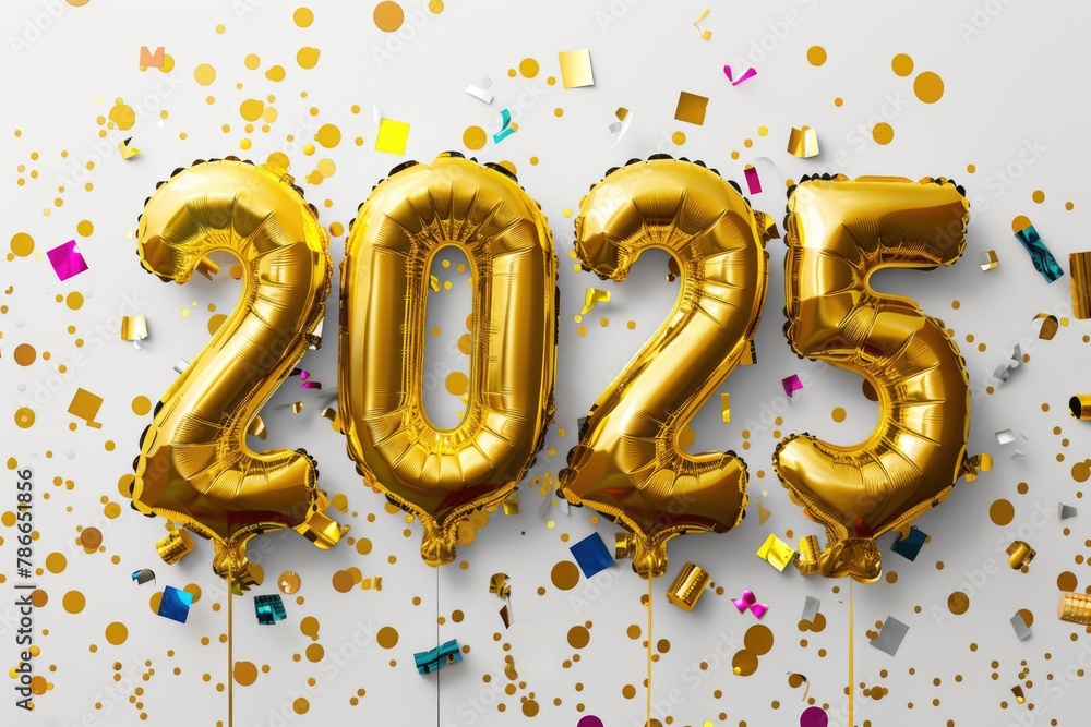 Golden 2025 balloons with confetti and colorful party streamers on white background for New Year celebration Golden 2025 balloons with confetti and colorful party streamers on white background for New Year celebration