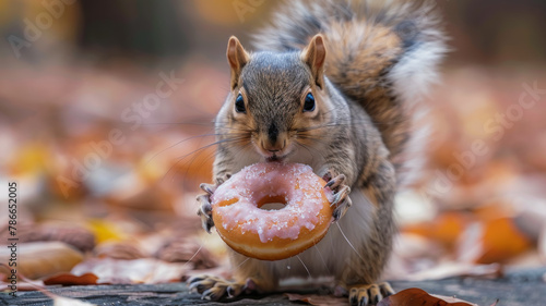 Sugar Bandit. Sly Squirrel Making Off with a Large Donut