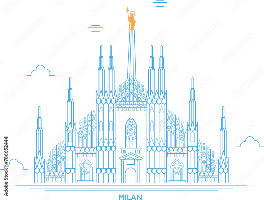 A freehand design of the Duomo of Milan, view of the Milan Cathedral. Overview of the facade of the cathedral in white marble. Buttresses, pinnacles and spiers. Statue of the Madonnina. Italy
